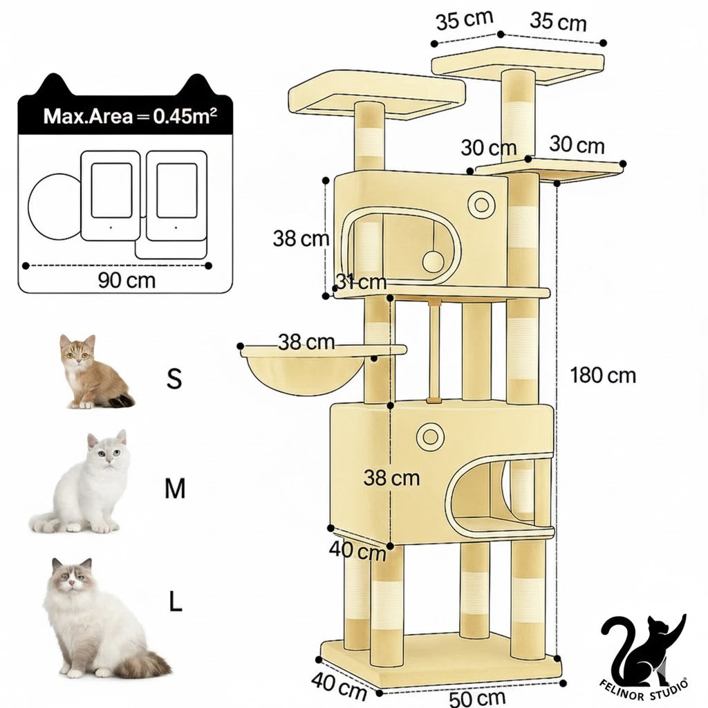 Arbre à chat Hzuaneri 180 cm avec 8 poteaux à griffer, 3 plateformes, 2 niches, un panier, des balles en peluche et une corde en sisal.