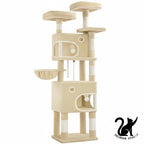 Arbre à chat Hzuaneri 180 cm avec 8 poteaux à griffer, 3 plateformes, 2 niches, un panier, des balles en peluche et une corde en sisal.