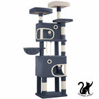 Arbre à chat Hzuaneri 180 cm avec 8 poteaux à griffer, 3 plateformes, 2 niches, un panier, des balles en peluche et une corde en sisal.