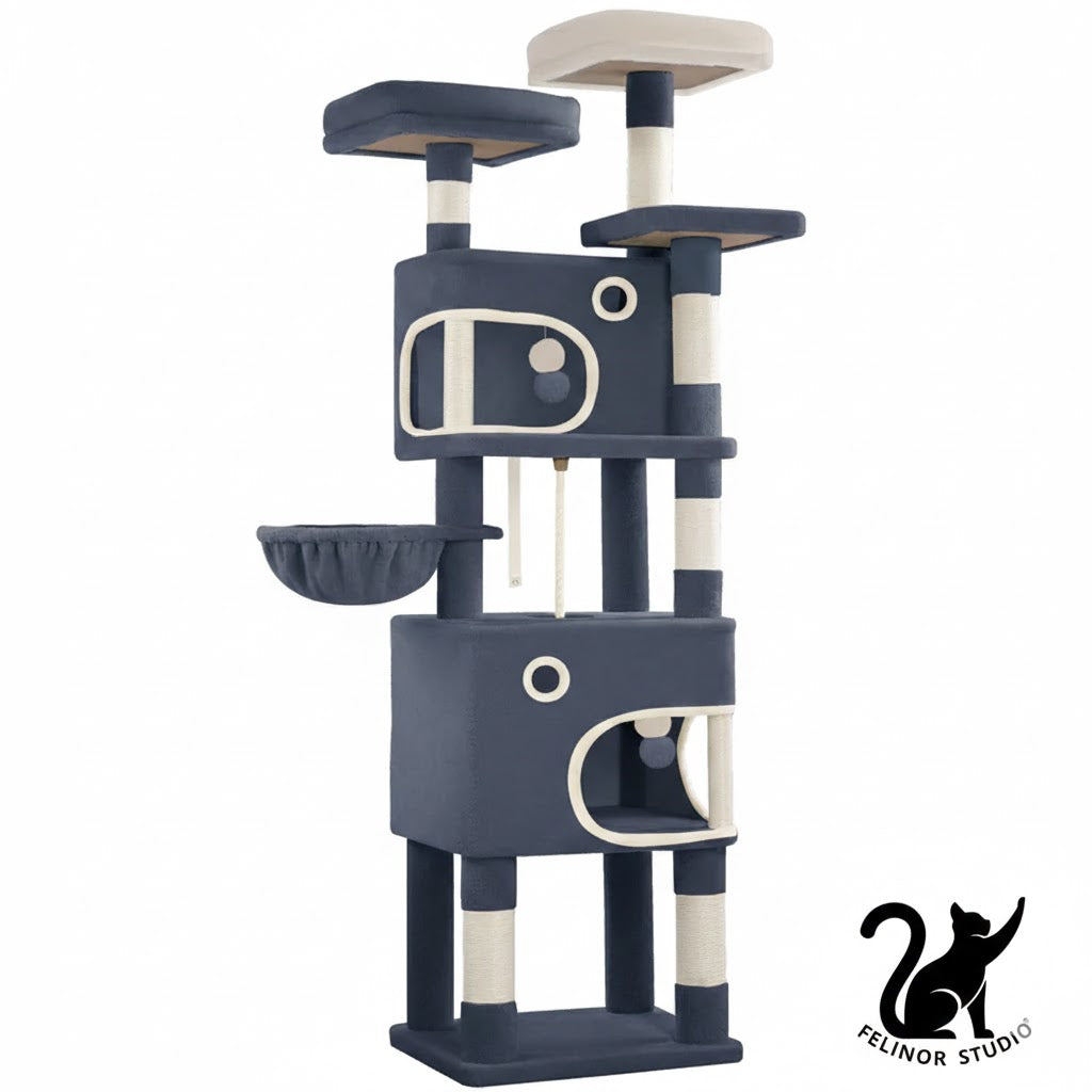 Arbre à chat Hzuaneri 180 cm avec 8 poteaux à griffer, 3 plateformes, 2 niches, un panier, des balles en peluche et une corde en sisal.