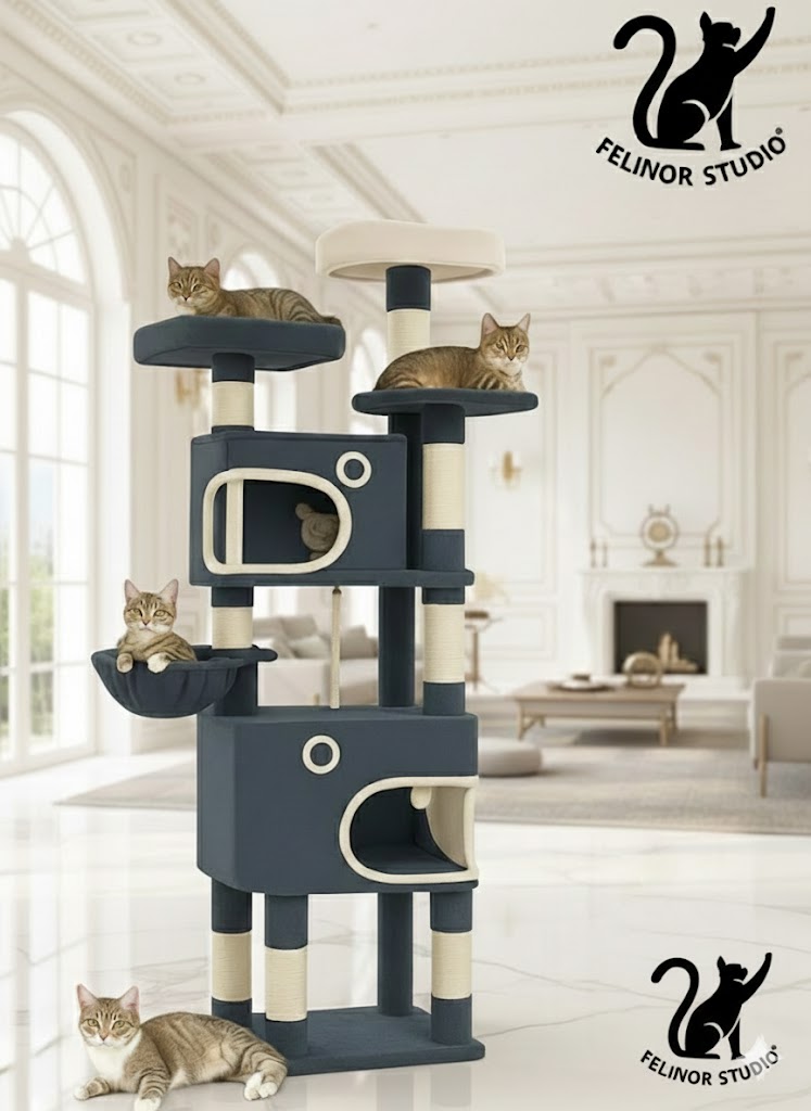 Arbre à chat Hzuaneri 180 cm avec 8 poteaux à griffer, 3 plateformes, 2 niches, un panier, des balles en peluche et une corde en sisal.