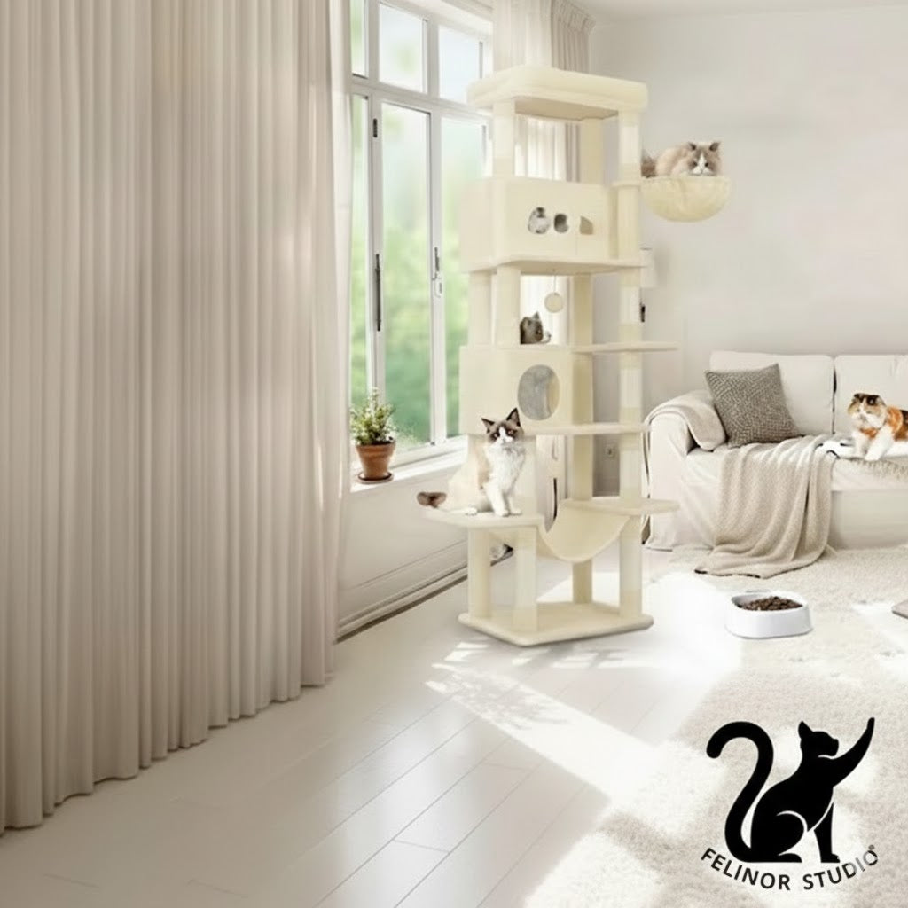 Arbre à Chat 210 cm – 8 Poteaux Griffoirs, 2 Niches, Plateformes, Hamac