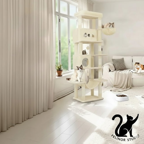 Arbre à Chat 210 cm – 8 Poteaux Griffoirs, 2 Niches, Plateformes, Hamac