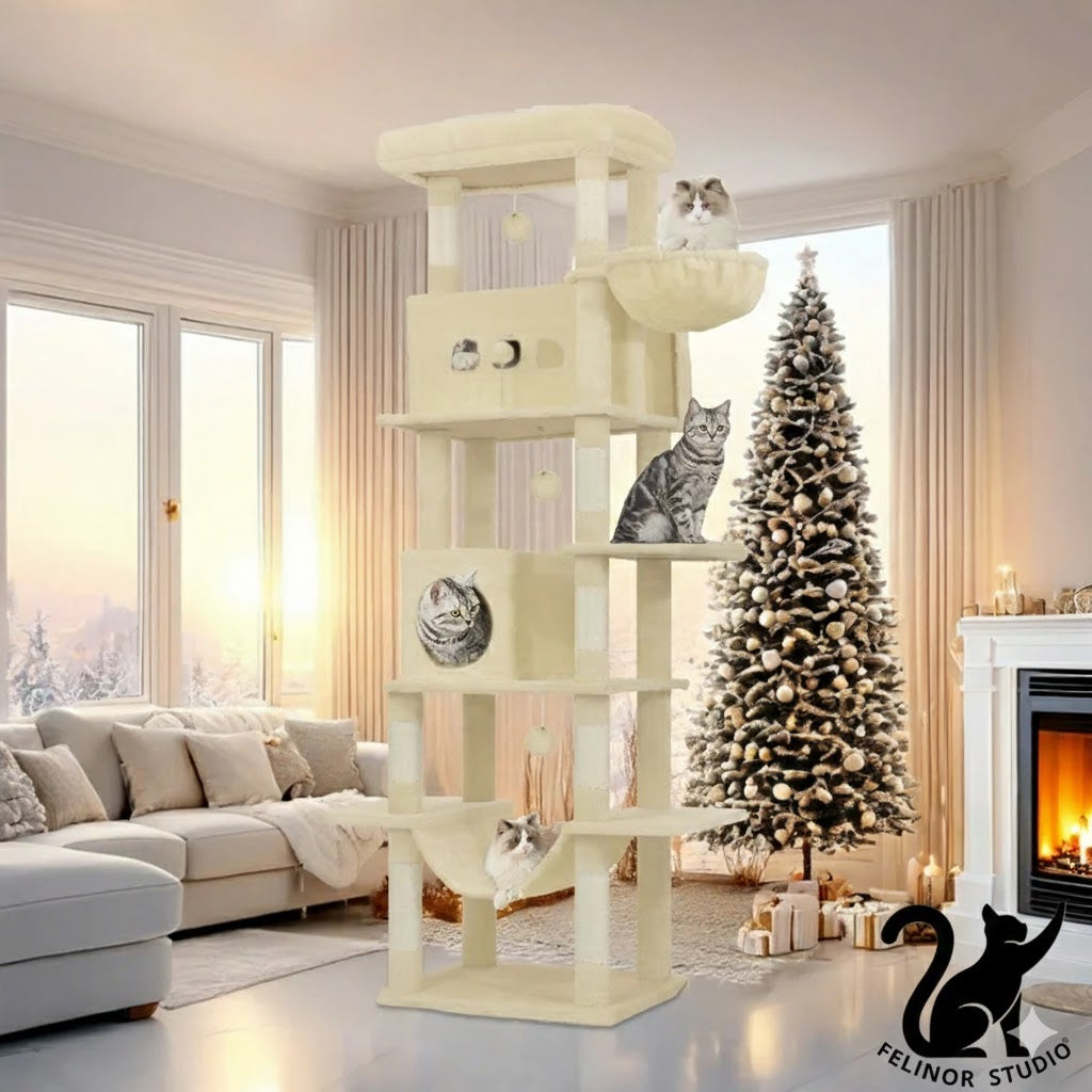 Arbre à Chat 210 cm – 8 Poteaux Griffoirs, 2 Niches, Plateformes, Hamac