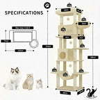 Arbre à Chat 210 cm – 8 Poteaux Griffoirs, 2 Niches, Plateformes, Hamac