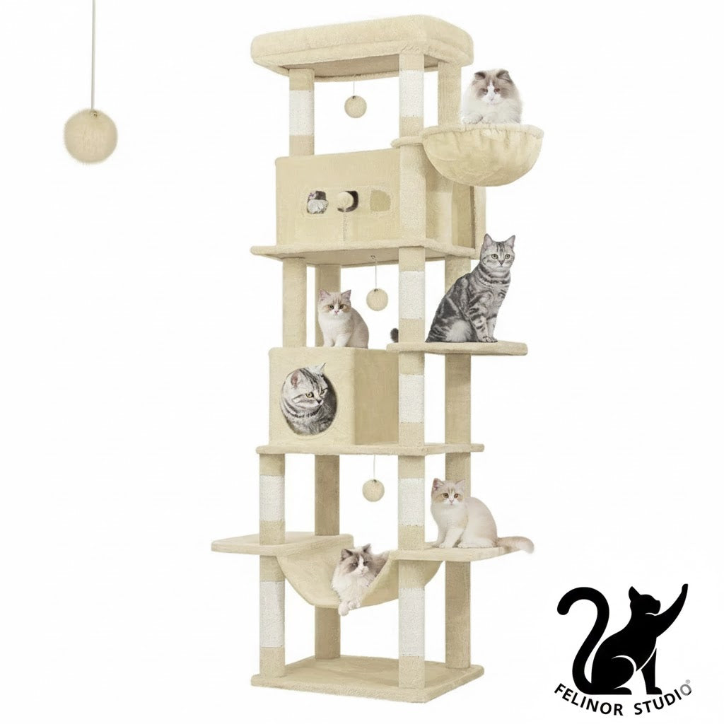 Arbre à Chat 210 cm – 8 Poteaux Griffoirs, 2 Niches, Plateformes, Hamac