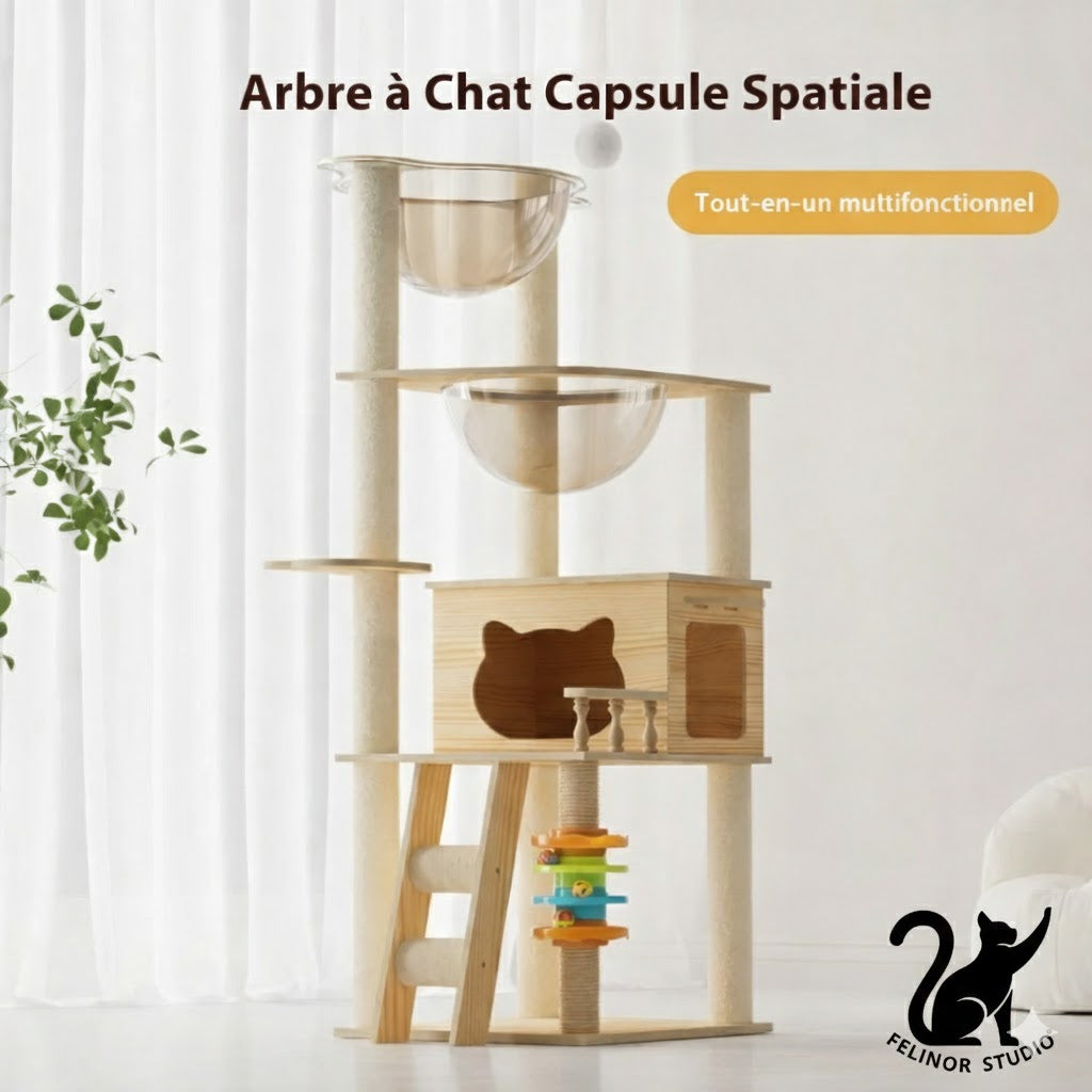 Arbre à Chat Multifonction en Bois – Villa avec Niche, Griffoir et Plateformes de Jeu – Mobilier Design pour Chats Toutes Saisons