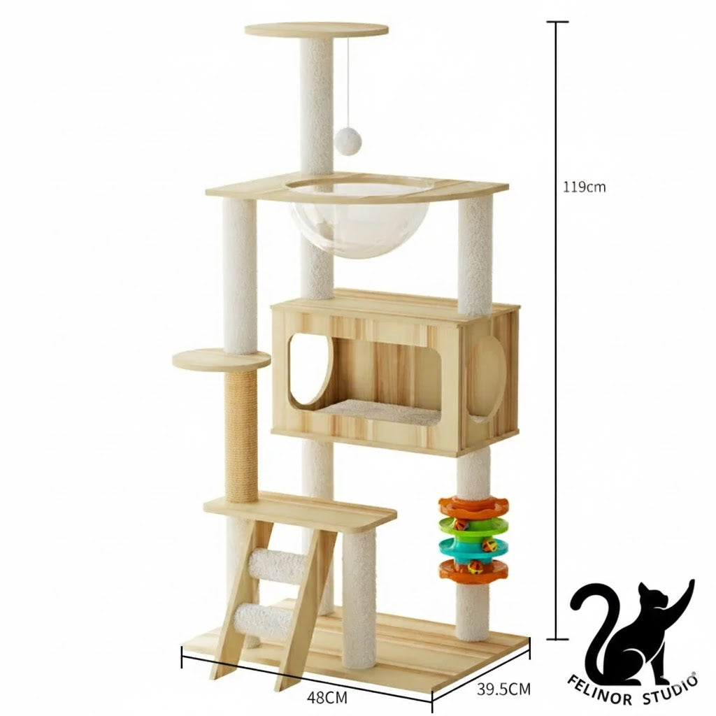 Arbre à Chat Multifonction en Bois – Villa avec Niche, Griffoir et Plateformes de Jeu – Mobilier Design pour Chats Toutes Saisons