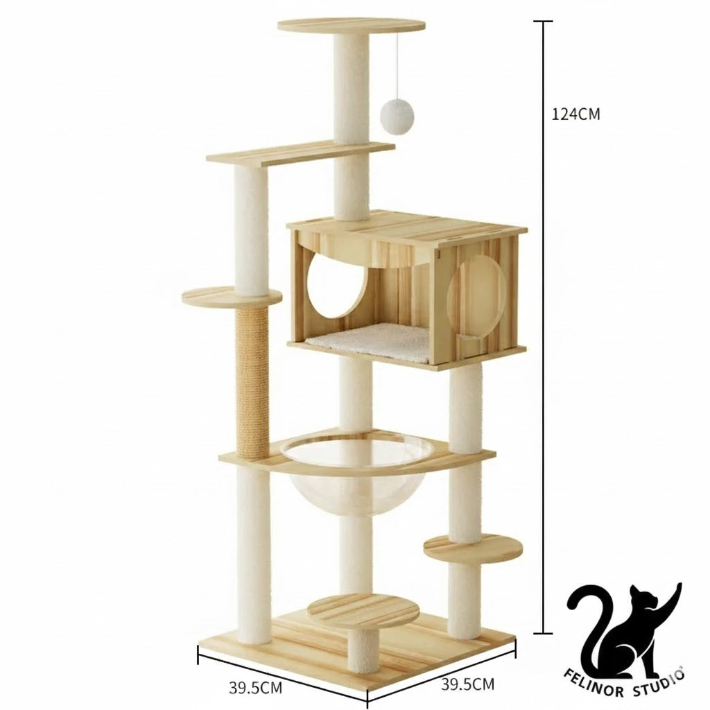 Arbre à Chat Multifonction en Bois – Villa avec Niche, Griffoir et Plateformes de Jeu – Mobilier Design pour Chats Toutes Saisons
