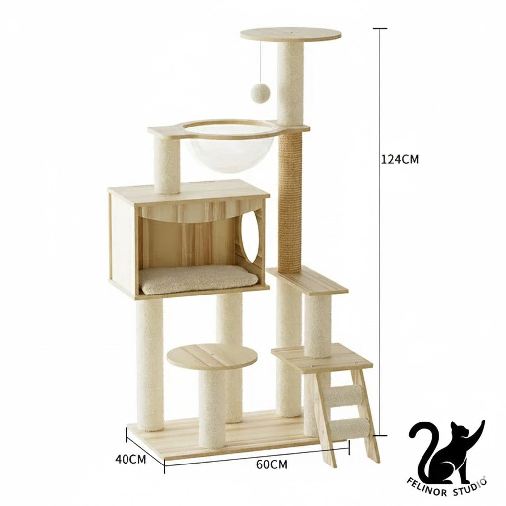 Arbre à Chat Multifonction en Bois – Villa avec Niche, Griffoir et Plateformes de Jeu – Mobilier Design pour Chats Toutes Saisons