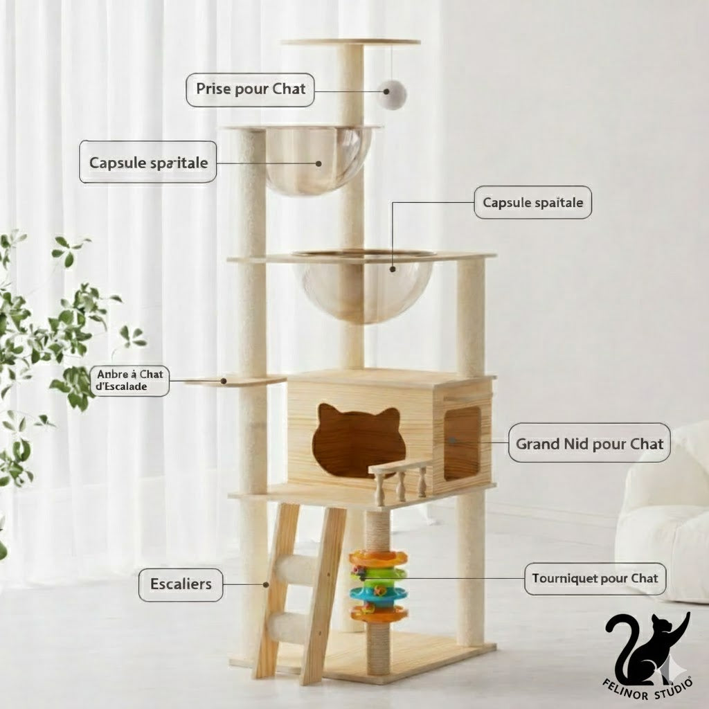 Arbre à Chat Multifonction en Bois – Villa avec Niche, Griffoir et Plateformes de Jeu – Mobilier Design pour Chats Toutes Saisons