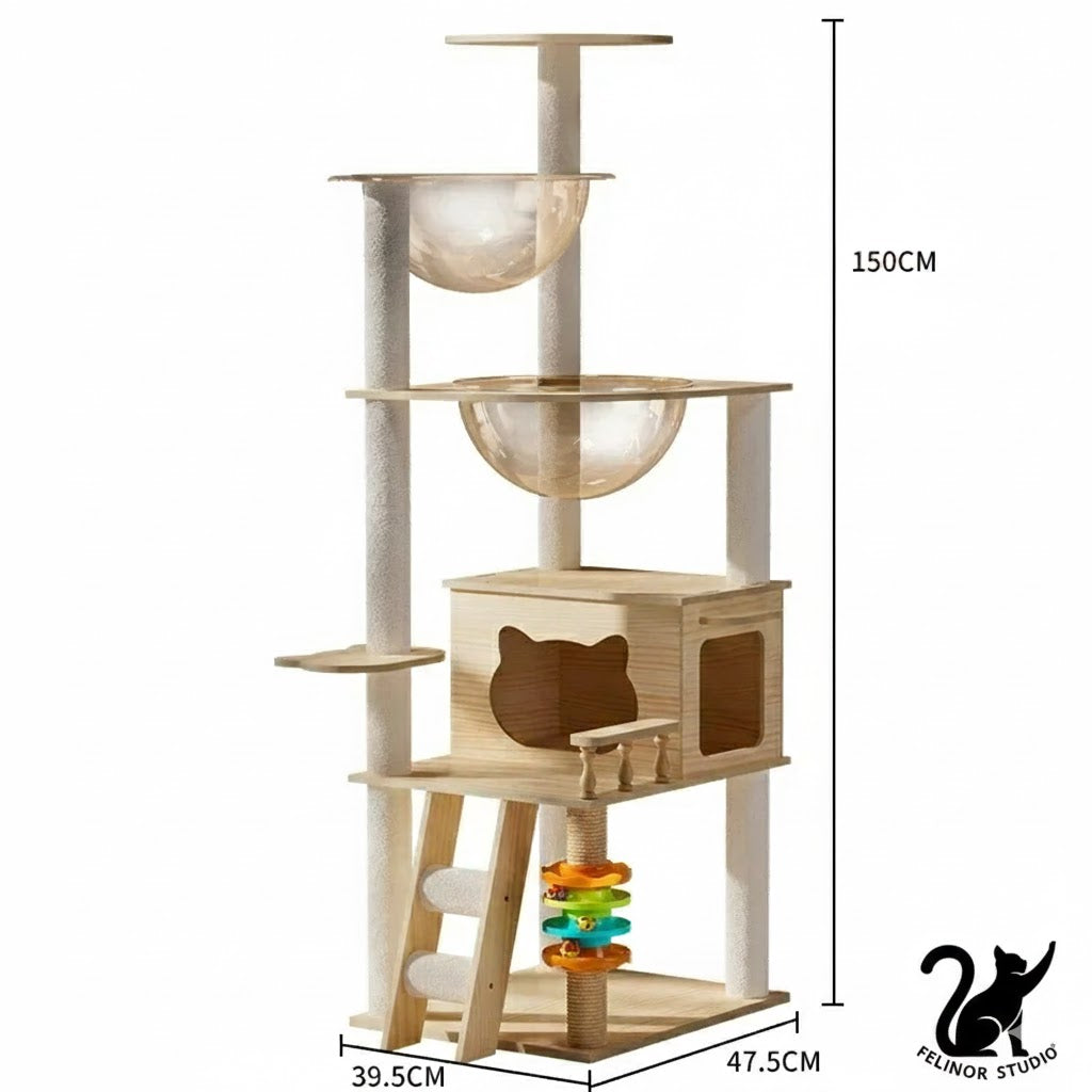 Arbre à Chat Multifonction en Bois – Villa avec Niche, Griffoir et Plateformes de Jeu – Mobilier Design pour Chats Toutes Saisons
