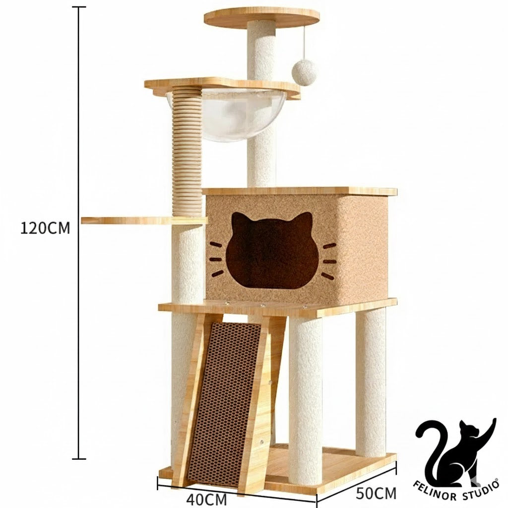 Arbre à Chat Multifonction en Bois – Villa avec Niche, Griffoir et Plateformes de Jeu – Mobilier Design pour Chats Toutes Saisons