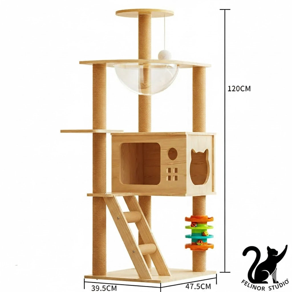 Arbre à Chat Multifonction en Bois – Villa avec Niche, Griffoir et Plateformes de Jeu – Mobilier Design pour Chats Toutes Saisons