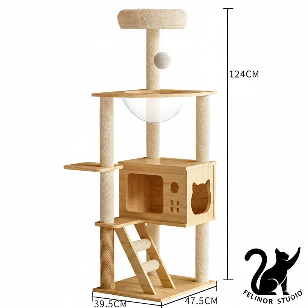 Arbre à Chat Multifonction en Bois – Villa avec Niche, Griffoir et Plateformes de Jeu – Mobilier Design pour Chats Toutes Saisons