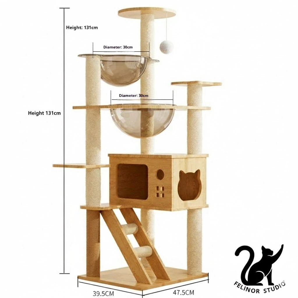Arbre à Chat Multifonction en Bois – Villa avec Niche, Griffoir et Plateformes de Jeu – Mobilier Design pour Chats Toutes Saisons