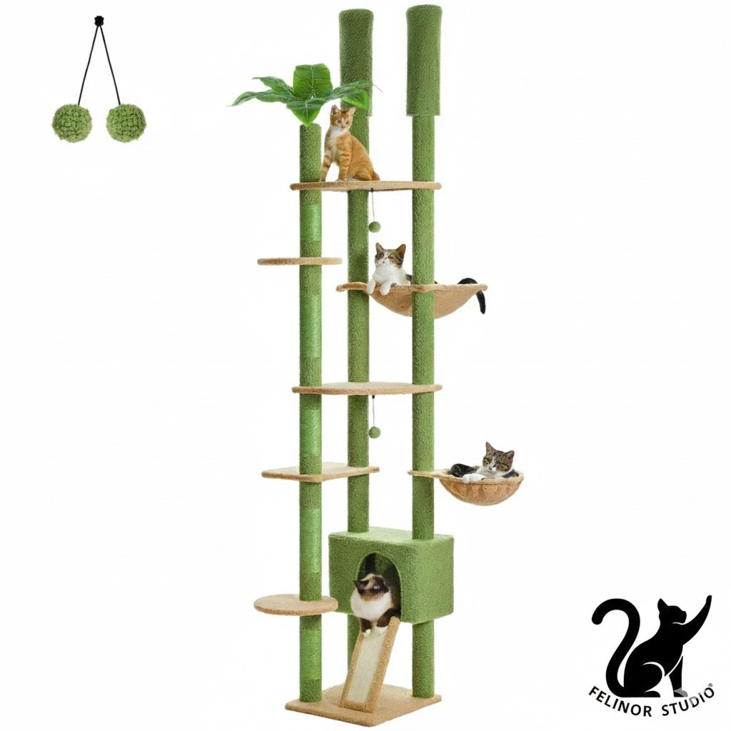 Arbre à chat en bois réglable en hauteur – Tour du sol au plafond avec grand hamac et griffoirs en sisal, condo confortable pour chats d’intérieur