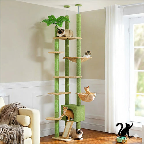 Arbre à chat en bois réglable en hauteur – Tour du sol au plafond avec grand hamac et griffoirs en sisal, condo confortable pour chats d’intérieur