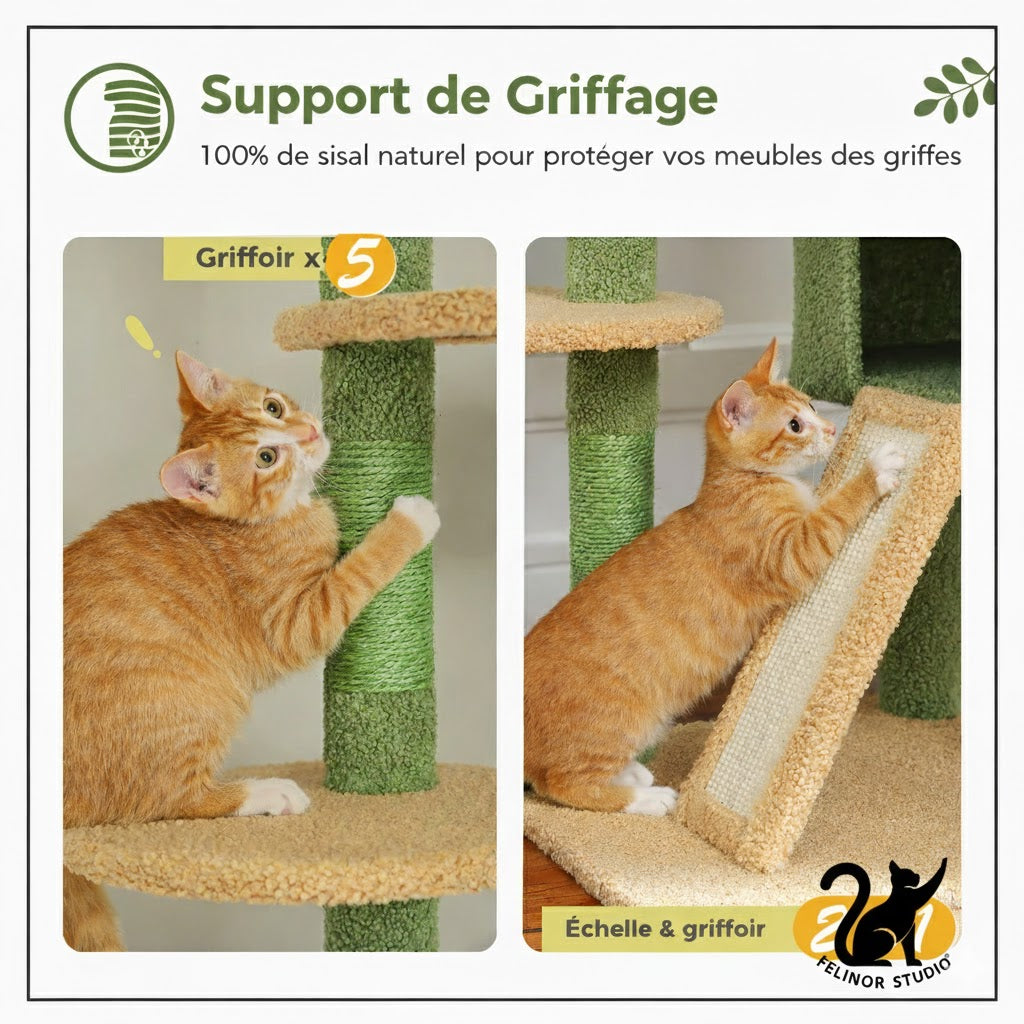Arbre à chat en bois réglable en hauteur – Tour du sol au plafond avec grand hamac et griffoirs en sisal, condo confortable pour chats d’intérieur