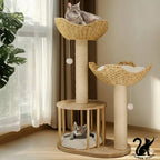 Arbre à Chat 3 Niveaux en Bois – Griffoir en Sisal avec Niches et Paniers – Arbre à Chat d’Intérieur