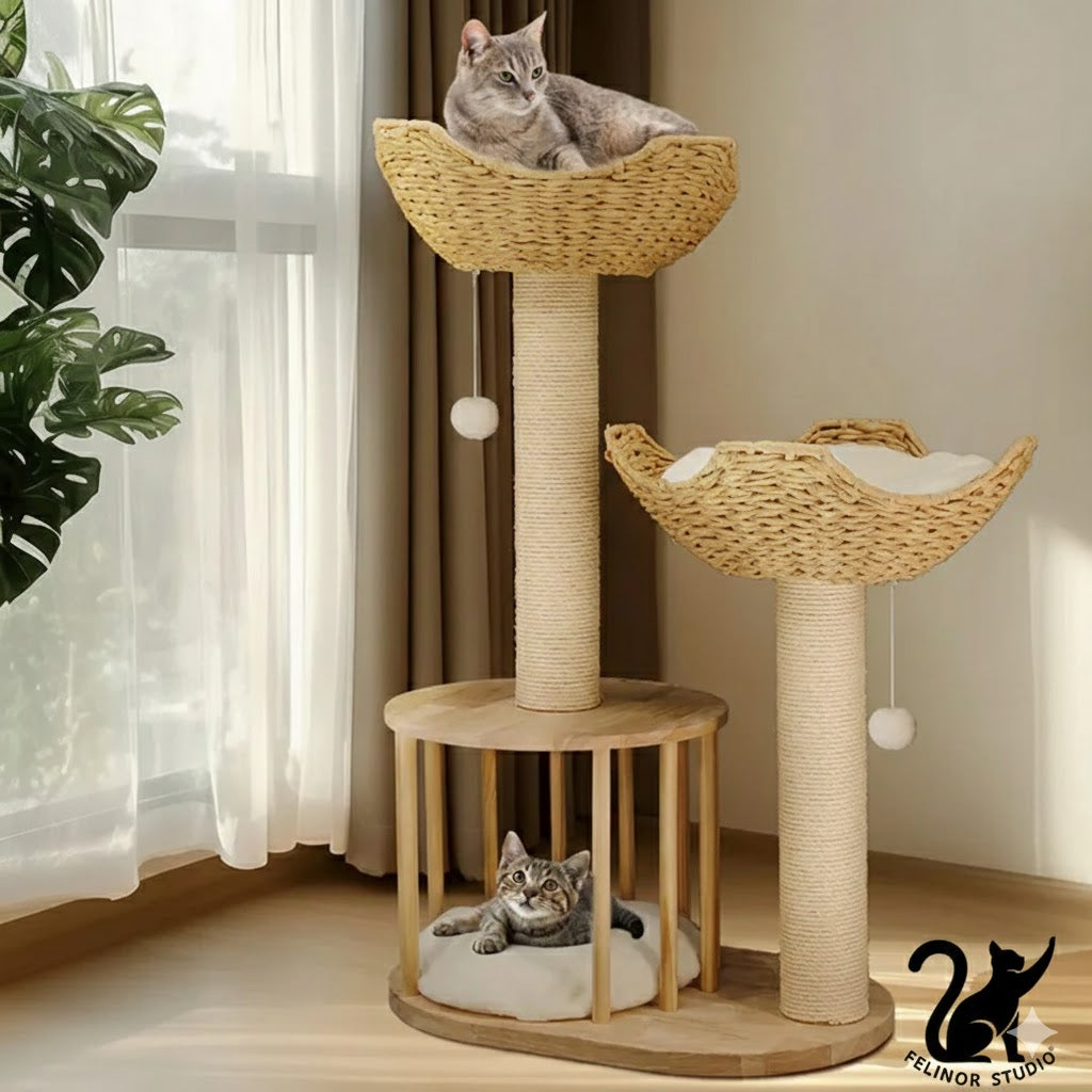 Arbre à Chat 3 Niveaux en Bois – Griffoir en Sisal avec Niches et Paniers – Arbre à Chat d’Intérieur
