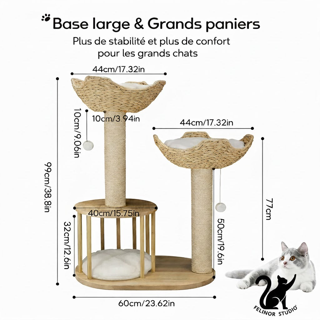 Arbre à Chat 3 Niveaux en Bois – Griffoir en Sisal avec Niches et Paniers – Arbre à Chat d’Intérieur