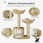 Arbre à Chat 3 Niveaux en Bois – Griffoir en Sisal avec Niches et Paniers – Arbre à Chat d’Intérieur