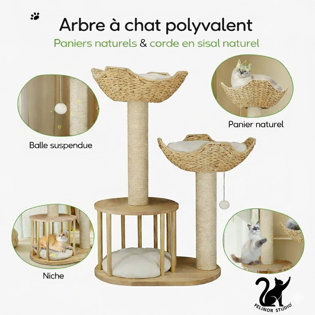 Arbre à Chat 3 Niveaux en Bois – Griffoir en Sisal avec Niches et Paniers – Arbre à Chat d’Intérieur