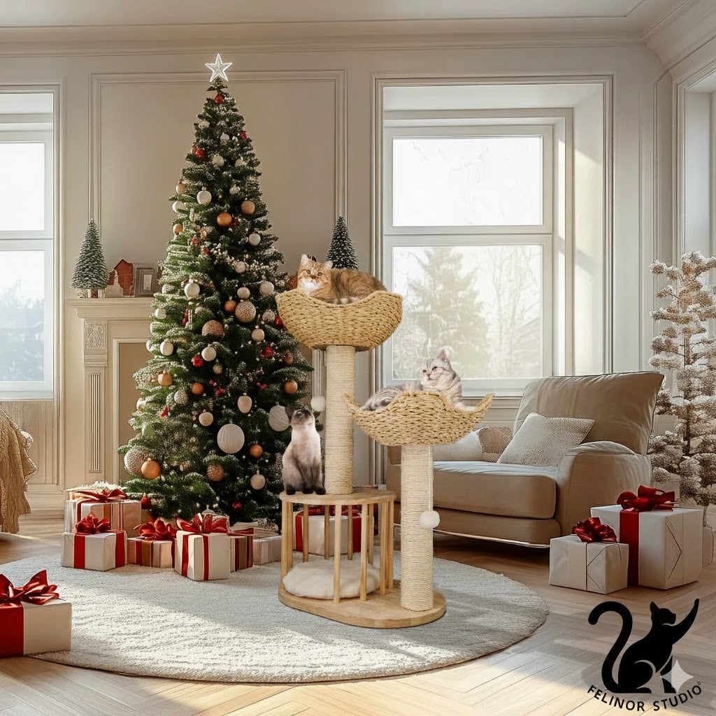 Arbre à Chat 3 Niveaux en Bois – Griffoir en Sisal avec Niches et Paniers – Arbre à Chat d’Intérieur