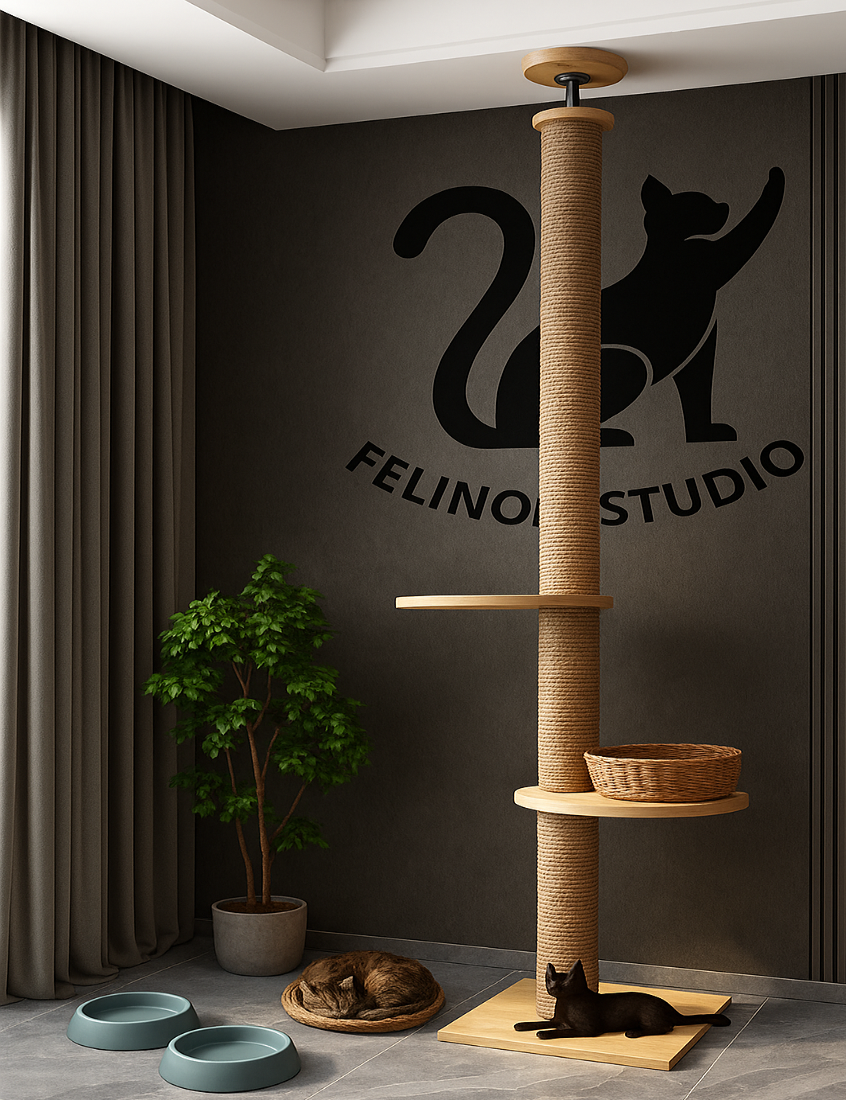 Arbre à chat plafond réglable – Tour multi-niveaux avec griffoirs, hamac et maison pour chats