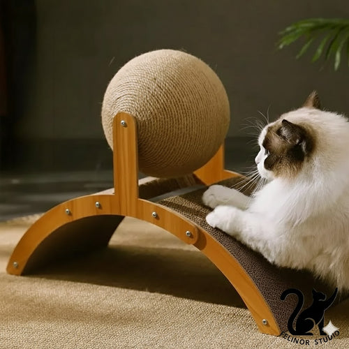 Griffoir 2-en-1 pour chat avec balle – Bois et sisal, planche de griffage avec jouet intégré
