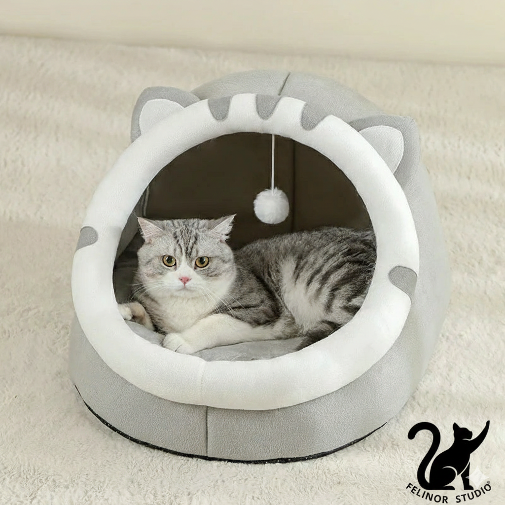 Lit chaud pour chat en forme de grotte – Maison d’hiver douillette avec coussin, panier moelleux pour chats et petits chiens