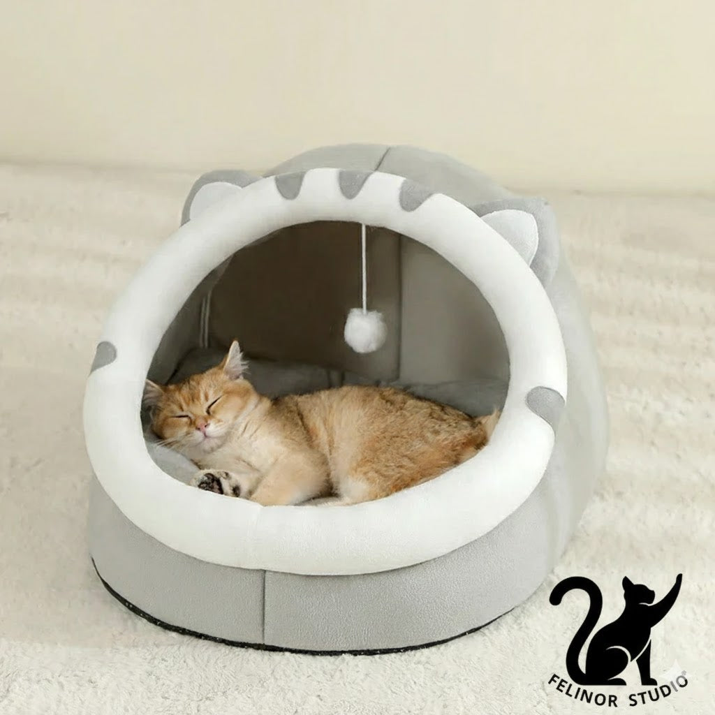 Lit chaud pour chat en forme de grotte – Maison d’hiver douillette avec coussin, panier moelleux pour chats et petits chiens