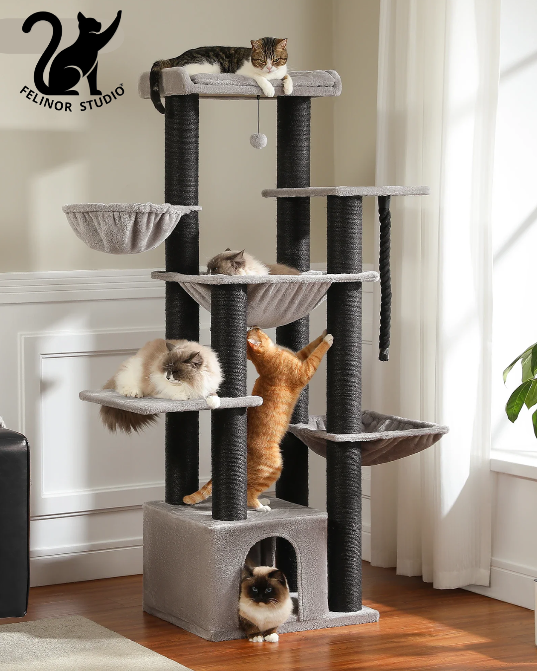 Arbre à Chat Grand Taille – Arbre à Chat Robuste Pawz Road pour Grands Chats avec 11 Poteaux Sisal, Hamac, Maison et Perchoir XL