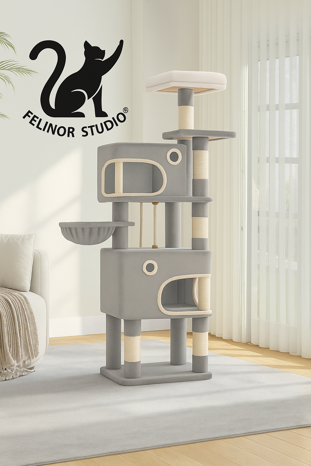 Arbre à chat Hzuaneri 180 cm avec 8 poteaux à griffer, 3 plateformes, 2 niches, un panier, des balles en peluche et une corde en sisal.