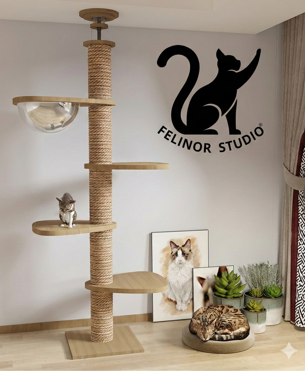 Arbre à chat plafond réglable – Tour multi-niveaux avec griffoirs, hamac et maison pour chats