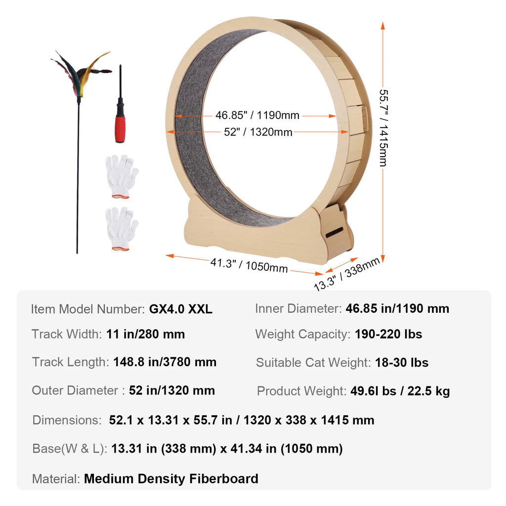 Tapis de course pour chat en bois – Roue d’exercice silencieuse 75, 81, 110 ou 132 cm – Antidérapant, stable et sécurisé pour chats d’intérieur