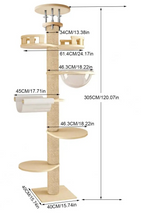 Arbre à chat plafond réglable – Tour multi-niveaux avec griffoirs, hamac et maison pour chats