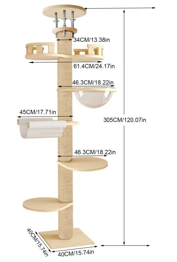 Arbre à chat plafond réglable – Tour multi-niveaux avec griffoirs, hamac et maison pour chats