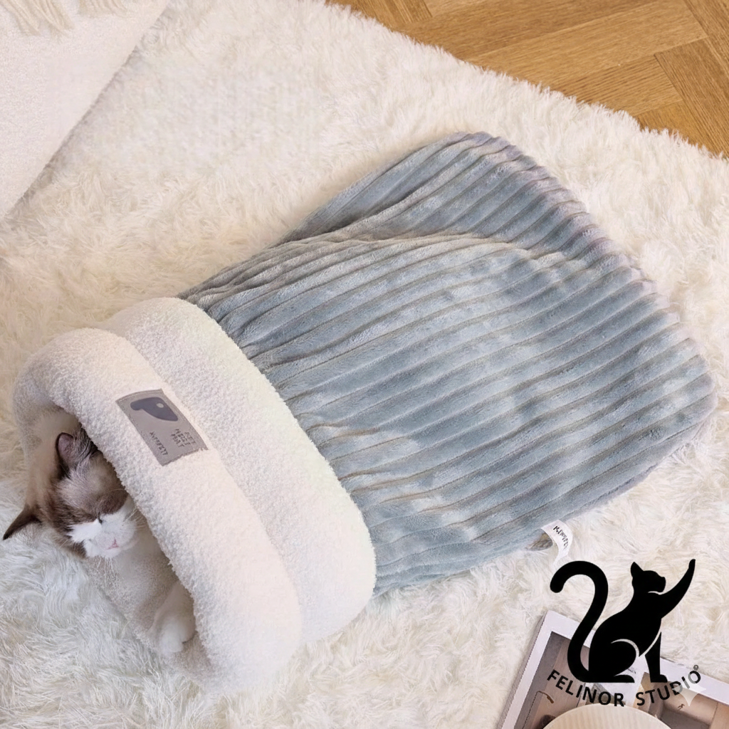 Sac de couchage en peluche pour chat – Nid fermé avec entrée tunnel, chaud et apaisant pour l’hiver, idéal pour chats anxieux