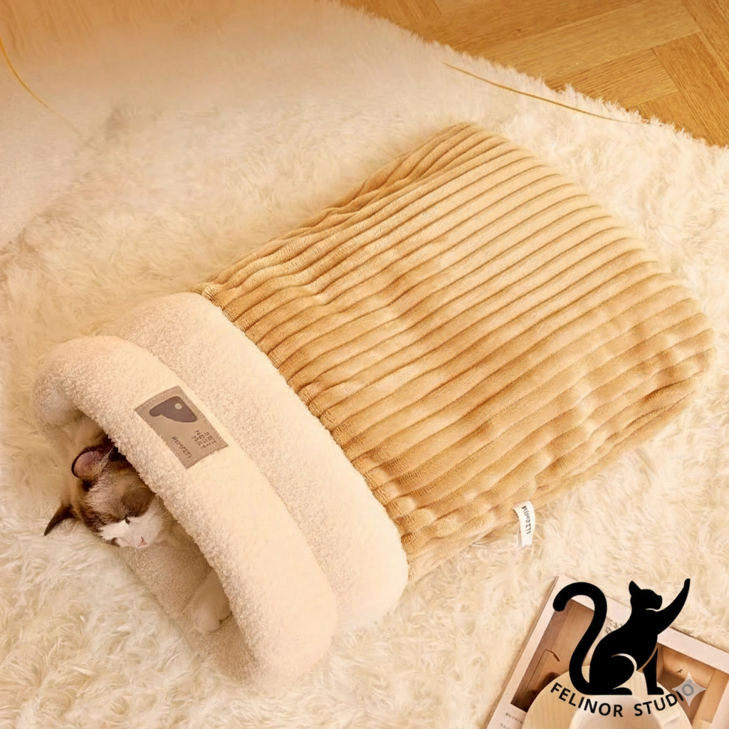 Sac de couchage en peluche pour chat – Nid fermé avec entrée tunnel, chaud et apaisant pour l’hiver, idéal pour chats anxieux