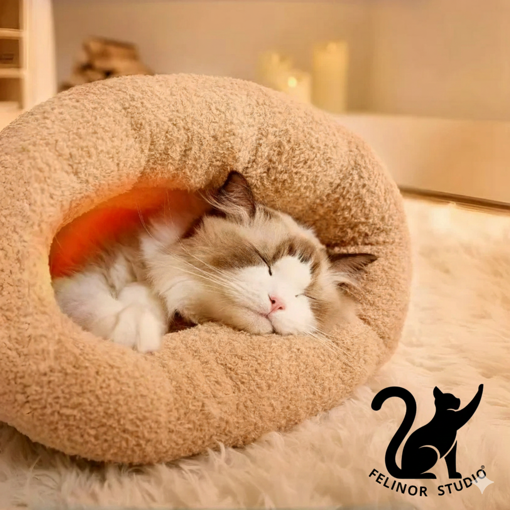 Sac de couchage en peluche pour chat – Nid fermé avec entrée tunnel, chaud et apaisant pour l’hiver, idéal pour chats anxieux