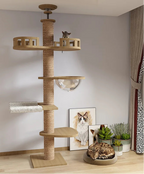 Arbre à chat plafond réglable – Tour multi-niveaux avec griffoirs, hamac et maison pour chats