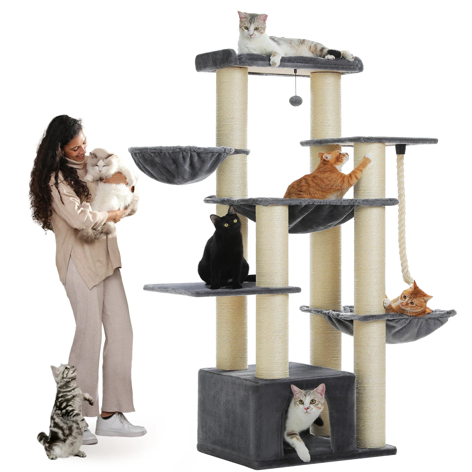 Arbre à Chat Grand Taille – Arbre à Chat Robuste Pawz Road pour Grands Chats avec 11 Poteaux Sisal, Hamac, Maison et Perchoir XL