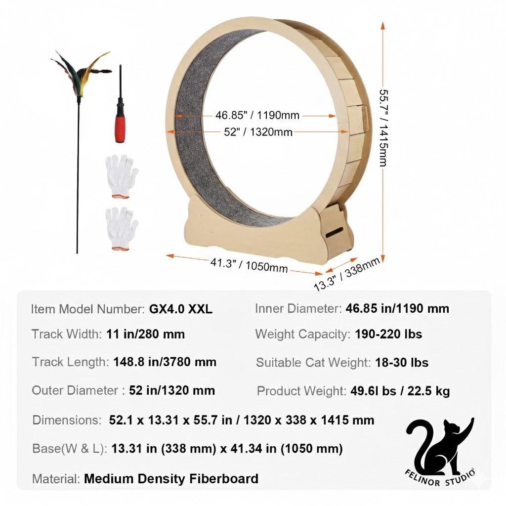 Tapis de course pour chat en bois – Roue d’exercice silencieuse 75, 81, 110 ou 132 cm – Antidérapant, stable et sécurisé pour chats d’intérieur