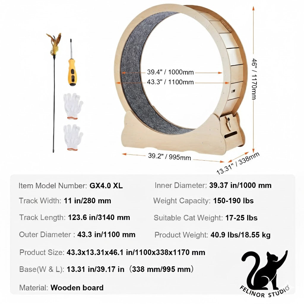 Tapis de course pour chat en bois – Roue d’exercice silencieuse 75, 81, 110 ou 132 cm – Antidérapant, stable et sécurisé pour chats d’intérieur