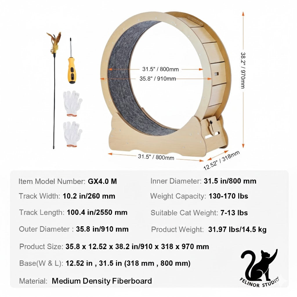 Tapis de course pour chat en bois – Roue d’exercice silencieuse 75, 81, 110 ou 132 cm – Antidérapant, stable et sécurisé pour chats d’intérieur