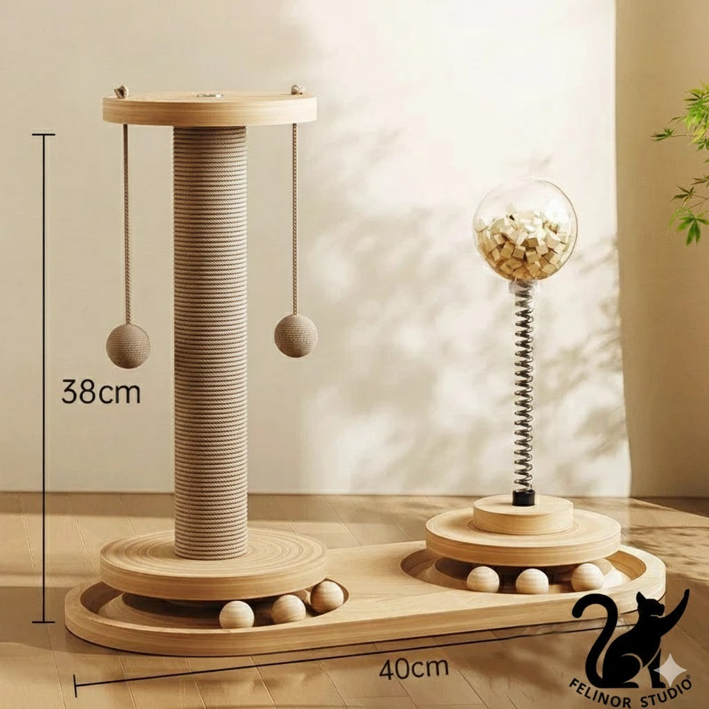 Griffoir en sisal pour chat – Poteau rotatif en bois massif, jouet durable et résistant pour l’entretien des griffes et la protection des meubles