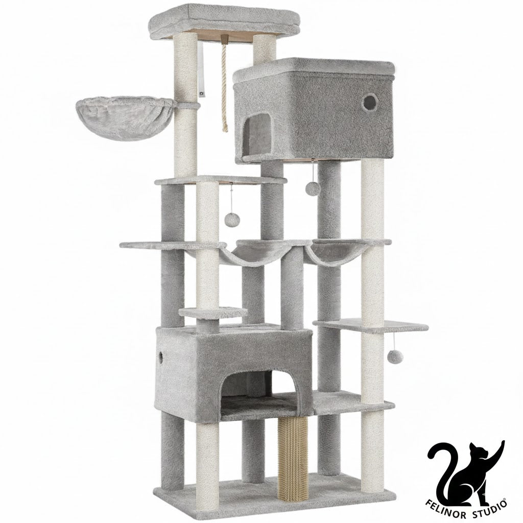 Arbre à Chat XXL Hzuaneri pour Grands Chats – 10 Poteaux Griffoir en Sisal, 2 Niches, 2 Hamacs, Plateforme Large, Panier et Brosse