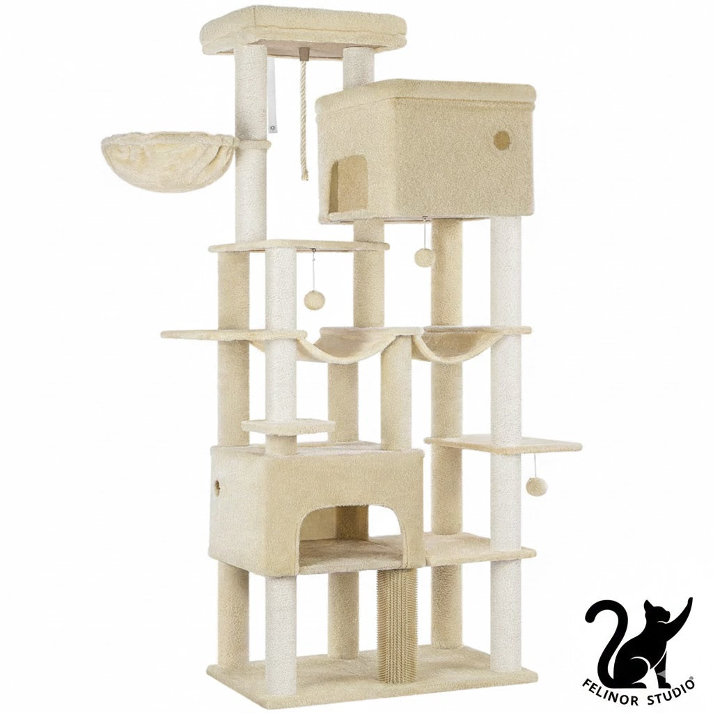 Arbre à Chat XXL Hzuaneri pour Grands Chats – 10 Poteaux Griffoir en Sisal, 2 Niches, 2 Hamacs, Plateforme Large, Panier et Brosse